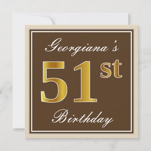 Elegant, bruin, Faux Gold 51st Birthday + naam Kaart (Voorkant)