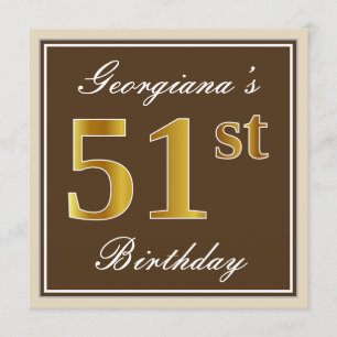 Elegant, bruin, Faux Gold 51st Birthday + naam Kaart