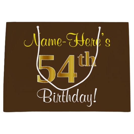 Elegant, bruin, Faux Gold 54th Birthday + naam Groot Cadeauzakje (Voorkant)