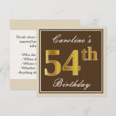 Elegant, bruin, Faux Gold 54th Birthday + naam Kaart (Voorkant / Achterkant)