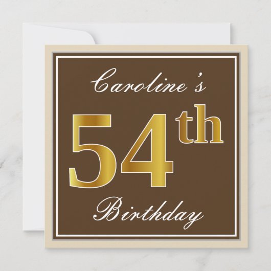 Elegant, bruin, Faux Gold 54th Birthday + naam Kaart (Voorkant)