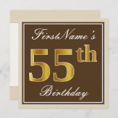 Elegant, bruin, Faux Gold 55th Birthday + naam Kaart (Voorkant / Achterkant)