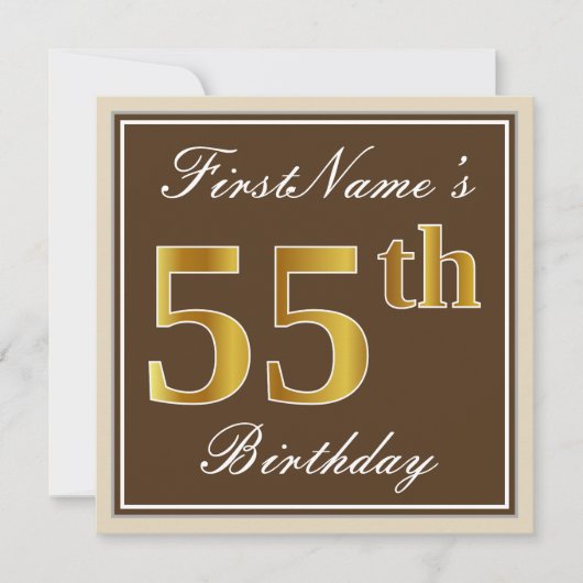 Elegant, bruin, Faux Gold 55th Birthday + naam Kaart (Voorkant)