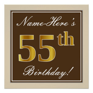Elegant, bruin, Faux Gold 55th Birthday + naam Perfect Poster