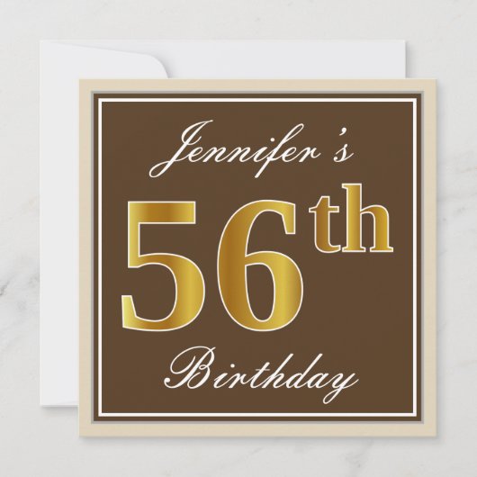 Elegant, bruin, Faux Gold 56th Birthday + naam Kaart (Voorkant)