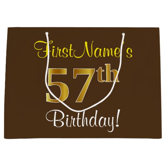 Elegant, bruin, Faux Gold 57th Birthday + naam Groot Cadeauzakje (Voorkant)