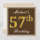 Elegant, bruin, Faux Gold 57th Birthday + naam Kaart (Voorkant / Achterkant)