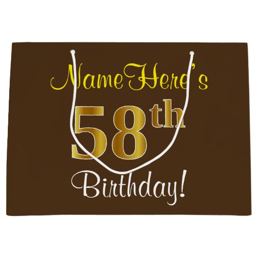 Elegant, bruin, Faux Gold 58th Birthday + naam Groot Cadeauzakje (Voorkant)