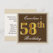 Elegant, bruin, Faux Gold 58th Birthday + naam Kaart (Voorkant / Achterkant)