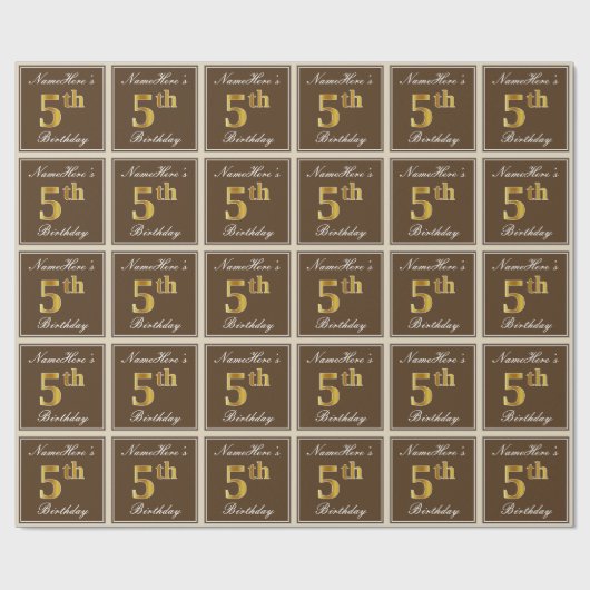 Elegant, bruin, Faux Gold 5th Birthday + naam Cadeaupapier (Vlak)