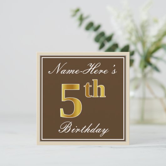Elegant, bruin, Faux Gold 5th Birthday + naam Kaart (Staand voorkant)