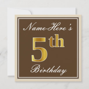 Elegant, bruin, Faux Gold 5th Birthday + naam Kaart