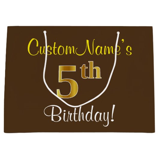 Elegant, bruin, Faux Gold 5th Birthday + naam Large Cadeautasje (Voorkant)