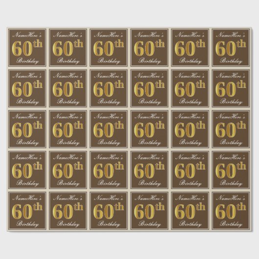 Elegant, bruin, Faux Gold 60th Birthday + naam Cadeaupapier (Vlak)