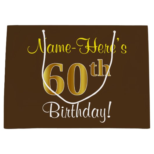 Elegant, bruin, Faux Gold 60th Birthday + naam Large Cadeautasje (Voorkant)