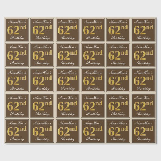 Elegant, bruin, Faux Gold 62e verjaardag + naam Cadeaupapier (Vlak)