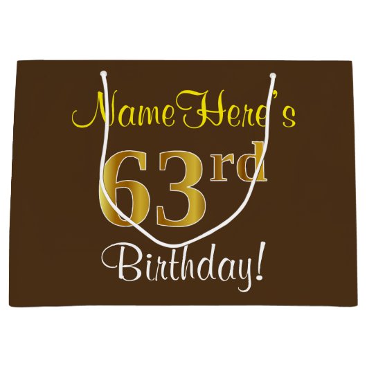 Elegant, bruin, Faux Gold 63rd Birthday + naam Groot Cadeauzakje (Voorkant)
