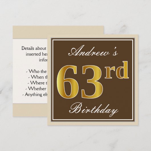 Elegant, bruin, Faux Gold 63rd Birthday + naam Kaart (Voorkant / Achterkant)