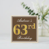 Elegant, bruin, Faux Gold 63rd Birthday + naam Kaart (Staand voorkant)