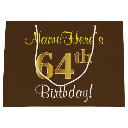 Elegant, bruin, Faux Gold 64th Birthday + naam Groot Cadeauzakje (Voorkant)