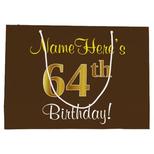 Elegant, bruin, Faux Gold 64th Birthday + naam Groot Cadeauzakje (Achterkant)