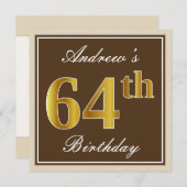 Elegant, bruin, Faux Gold 64th Birthday + naam Kaart (Voorkant / Achterkant)