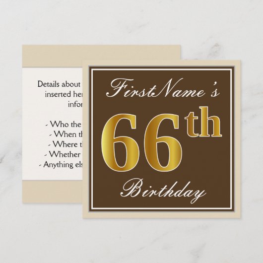 Elegant, bruin, Faux Gold 66th Birthday + naam Kaart (Voorkant / Achterkant)
