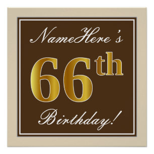 Elegant, bruin, Faux Gold 66th Birthday + naam Poster