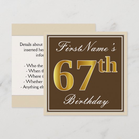 Elegant, bruin, Faux Gold 67th Birthday + naam Kaart (Voorkant / Achterkant)