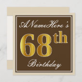 Elegant, bruin, Faux Gold 68th Birthday + naam Kaart (Voorkant / Achterkant)