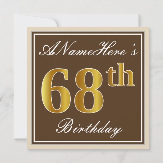 Elegant, bruin, Faux Gold 68th Birthday + naam Kaart (Voorkant)