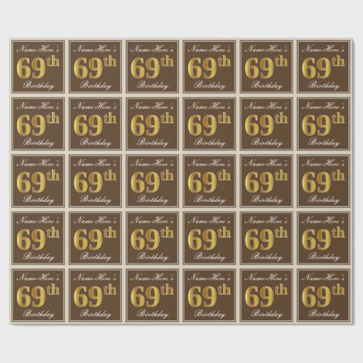 Elegant, bruin, Faux Gold 69th Birthday + naam Cadeaupapier (Vlak)