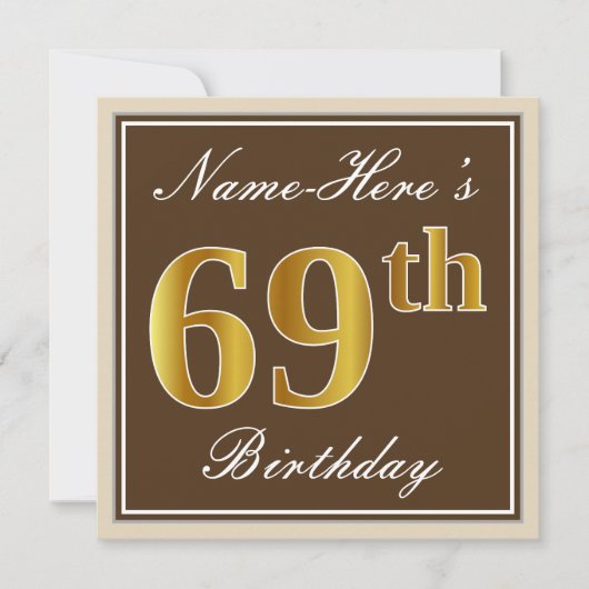 Elegant, bruin, Faux Gold 69th Birthday + naam Kaart (Voorkant)