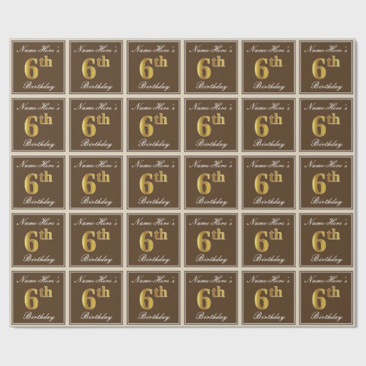 Elegant, bruin, Faux Gold 6th Birthday + naam Cadeaupapier (Vlak)