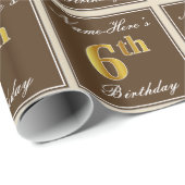 Elegant, bruin, Faux Gold 6th Birthday + naam Cadeaupapier (Rol Hoek)