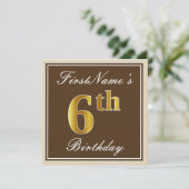 Elegant, bruin, Faux Gold 6th Birthday + naam Kaart (Staand voorkant)