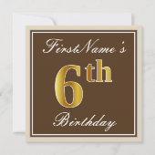 Elegant, bruin, Faux Gold 6th Birthday + naam Kaart (Voorkant)