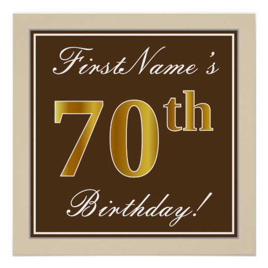 Elegant, bruin, Faux Gold 70th Birthday + naam Poster (Voorkant)