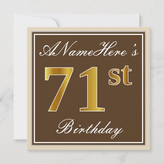 Elegant, bruin, Faux Gold 71st Birthday + naam Kaart (Voorkant)