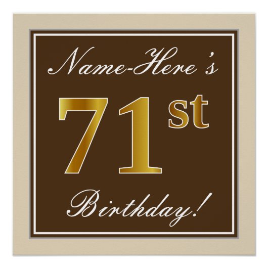 Elegant, bruin, Faux Gold 71st Birthday + naam Poster (Voorkant)