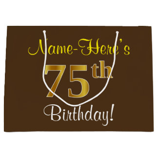 Elegant, bruin, Faux Gold 75th Birthday + naam Groot Cadeauzakje