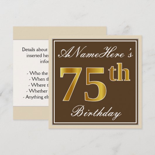 Elegant, bruin, Faux Gold 75th Birthday + naam Kaart (Voorkant / Achterkant)