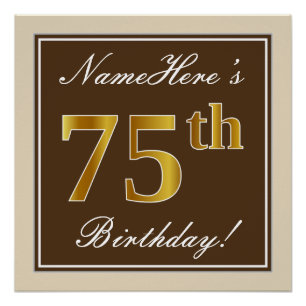 Elegant, bruin, Faux Gold 75th Birthday + naam Poster