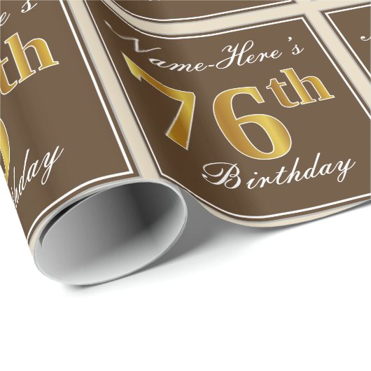 Elegant, bruin, Faux Gold 76th Birthday + naam Cadeaupapier (Rol Hoek)