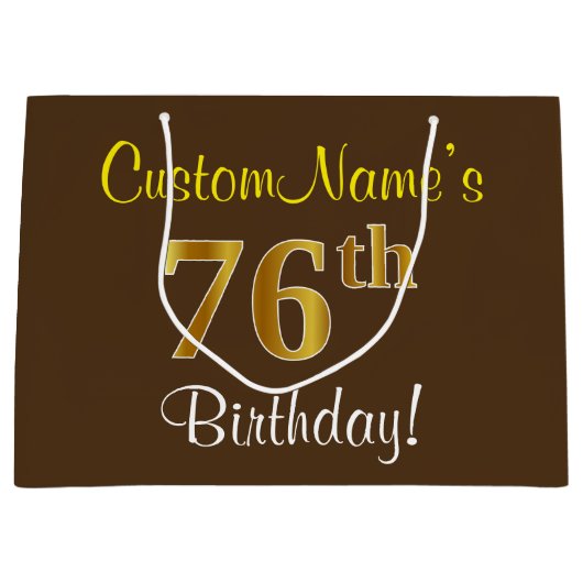 Elegant, bruin, Faux Gold 76th Birthday + naam Large Cadeautasje (Voorkant)