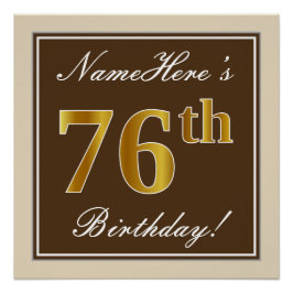 Elegant, bruin, Faux Gold 76th Birthday + naam Poster