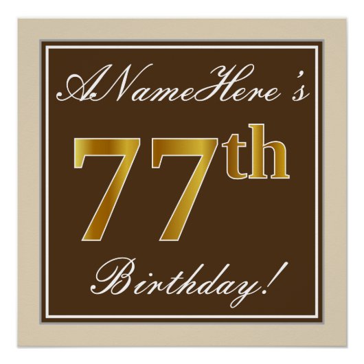 Elegant, bruin, Faux Gold 77th Birthday + naam Poster (Voorkant)