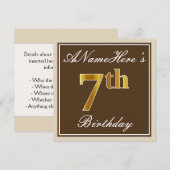 Elegant, bruin, Faux Gold 7th Birthday + naam Kaart (Voorkant / Achterkant)