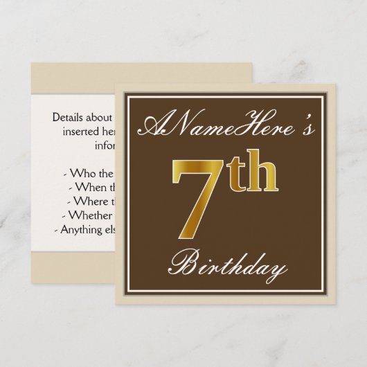 Elegant, bruin, Faux Gold 7th Birthday + naam Kaart (Voorkant / Achterkant)