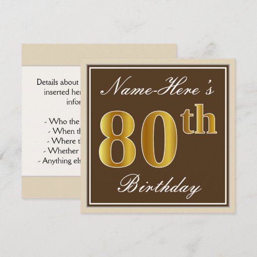 Elegant, bruin, Faux Gold 80th Birthday + naam Kaart (Voorkant / Achterkant)